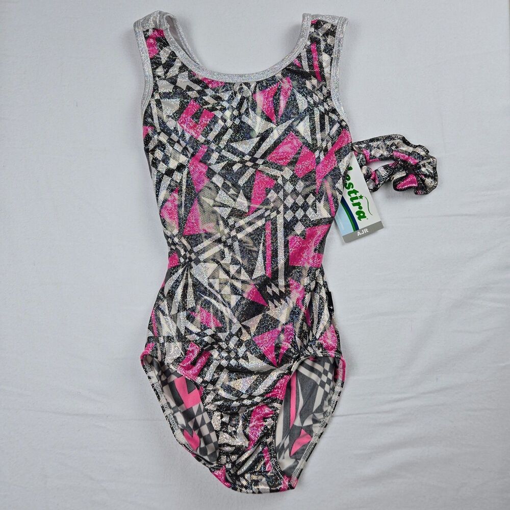 NWT Destira AJR Power Racerback Gymnastics Leotard Berry Pink Silver Scrunchie